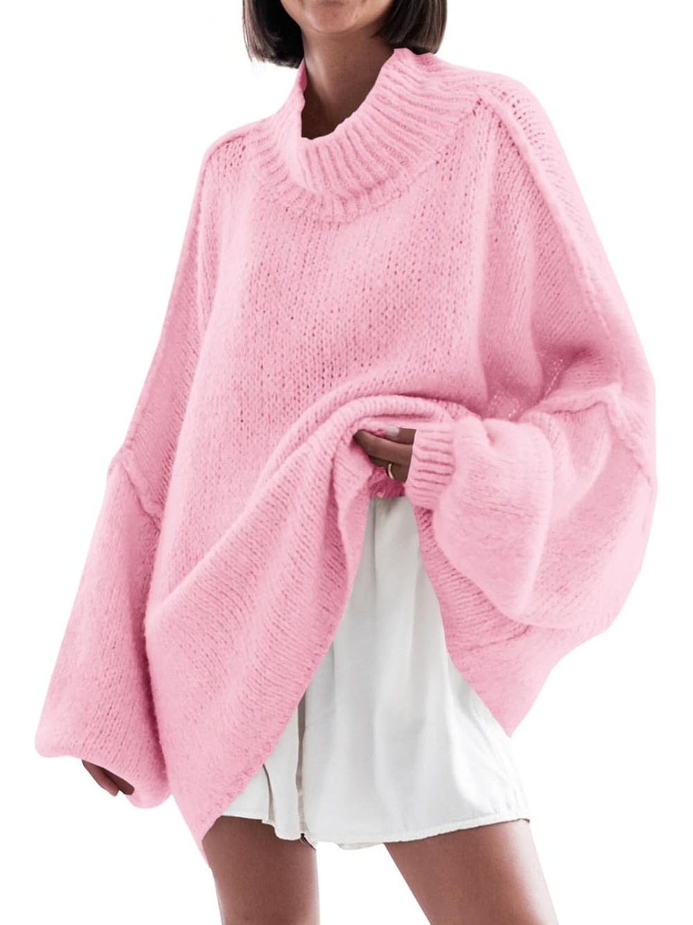 🆕 Women's Pink Oversized Chunky Knit Sweater Loose Batwing Sleeve Pullover